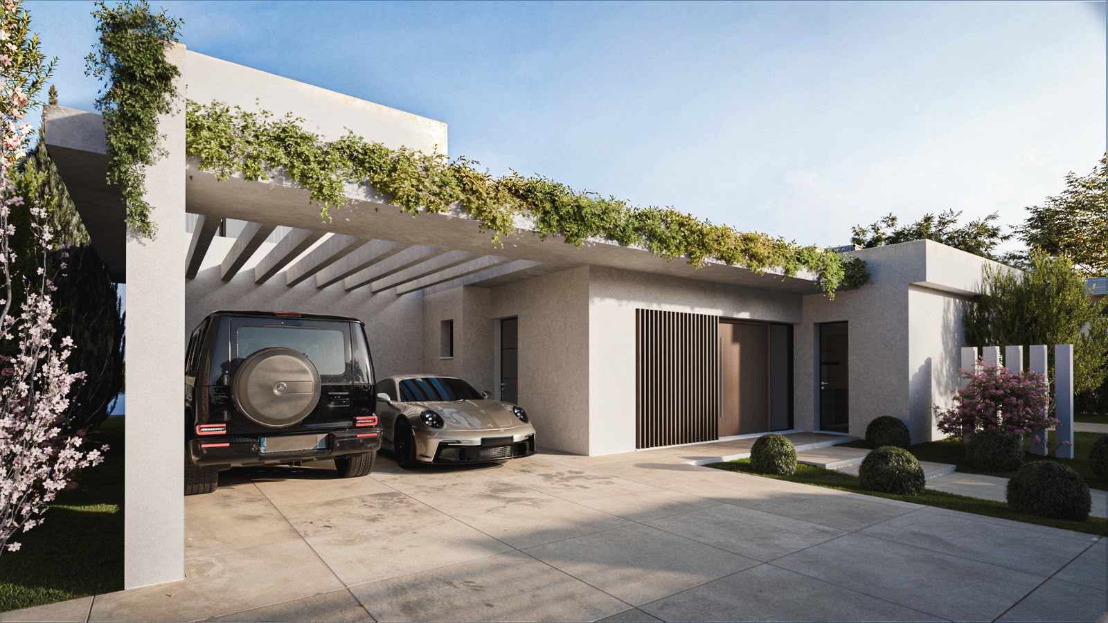 Porche de aparcamiento con pérgola vegetal